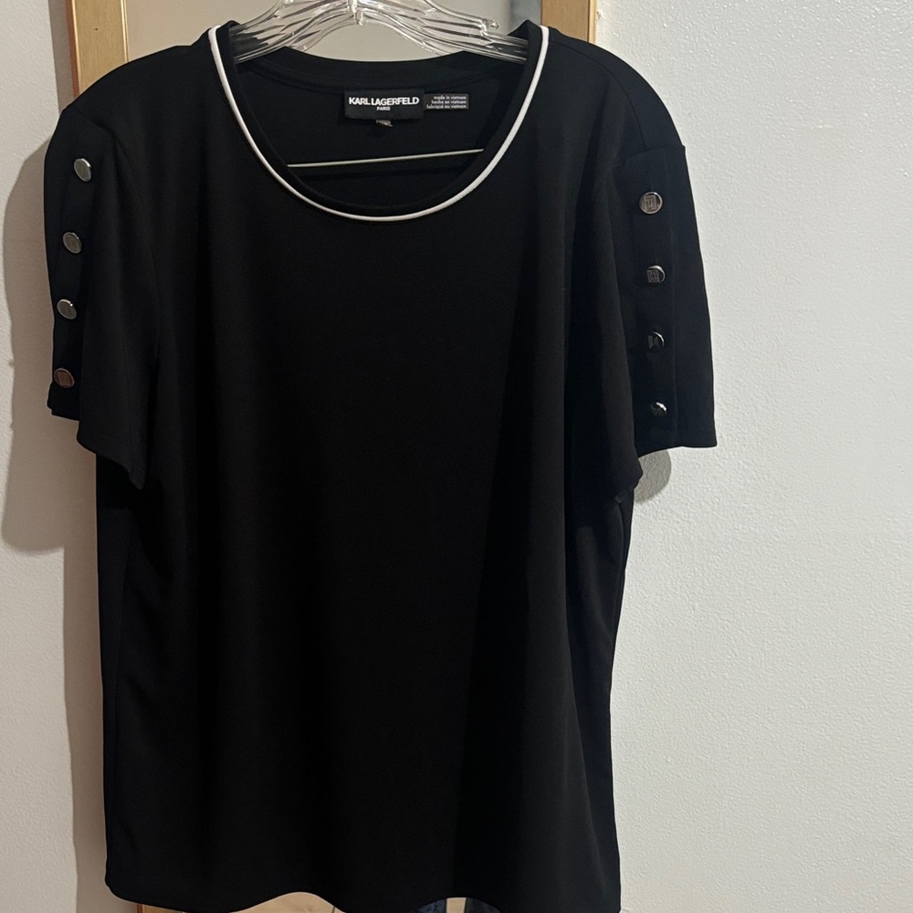 Karl Lagerfeld Black Top with Silver Trim and Buttoned Sleeves